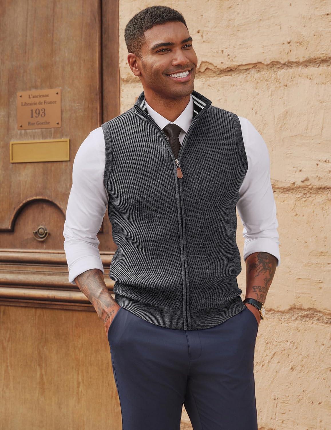 imagePJ PAUL JONES Mens Sweater Vests Slim Fit Twill Textured Full Zip Sleeveless Vests Casual OutwearBlue Gray