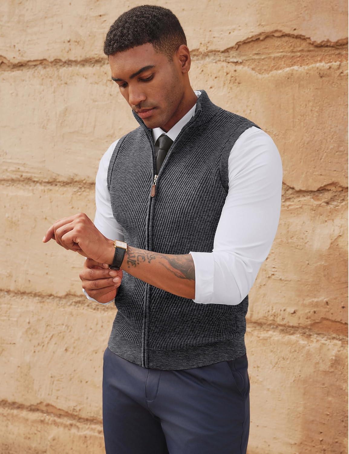 imagePJ PAUL JONES Mens Sweater Vests Slim Fit Twill Textured Full Zip Sleeveless Vests Casual OutwearBlue Gray
