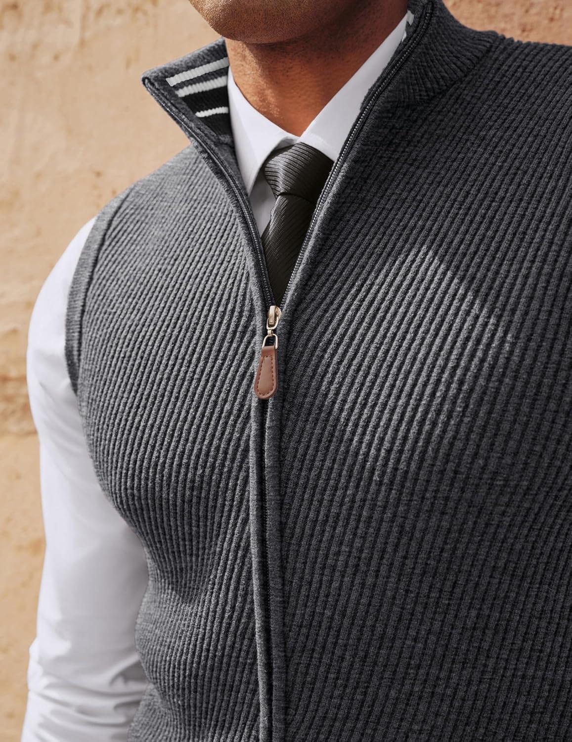 imagePJ PAUL JONES Mens Sweater Vests Slim Fit Twill Textured Full Zip Sleeveless Vests Casual OutwearBlue Gray