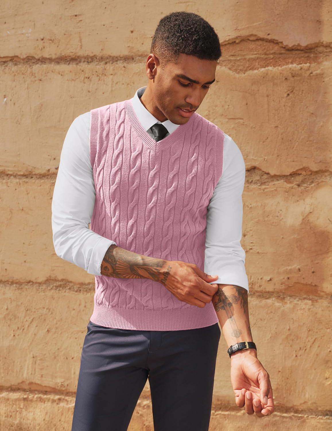 imagePJ PAUL JONES Mens Sweater Vests V Neck Cable Twist Knit Sleeveless Vests Casual Pullover SweaterPink