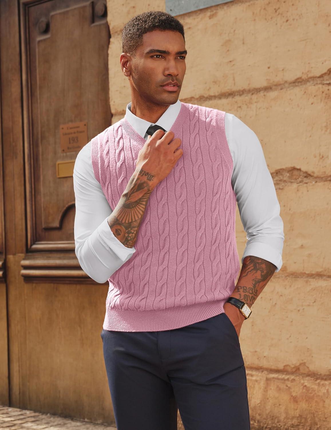 imagePJ PAUL JONES Mens Sweater Vests V Neck Cable Twist Knit Sleeveless Vests Casual Pullover SweaterPink