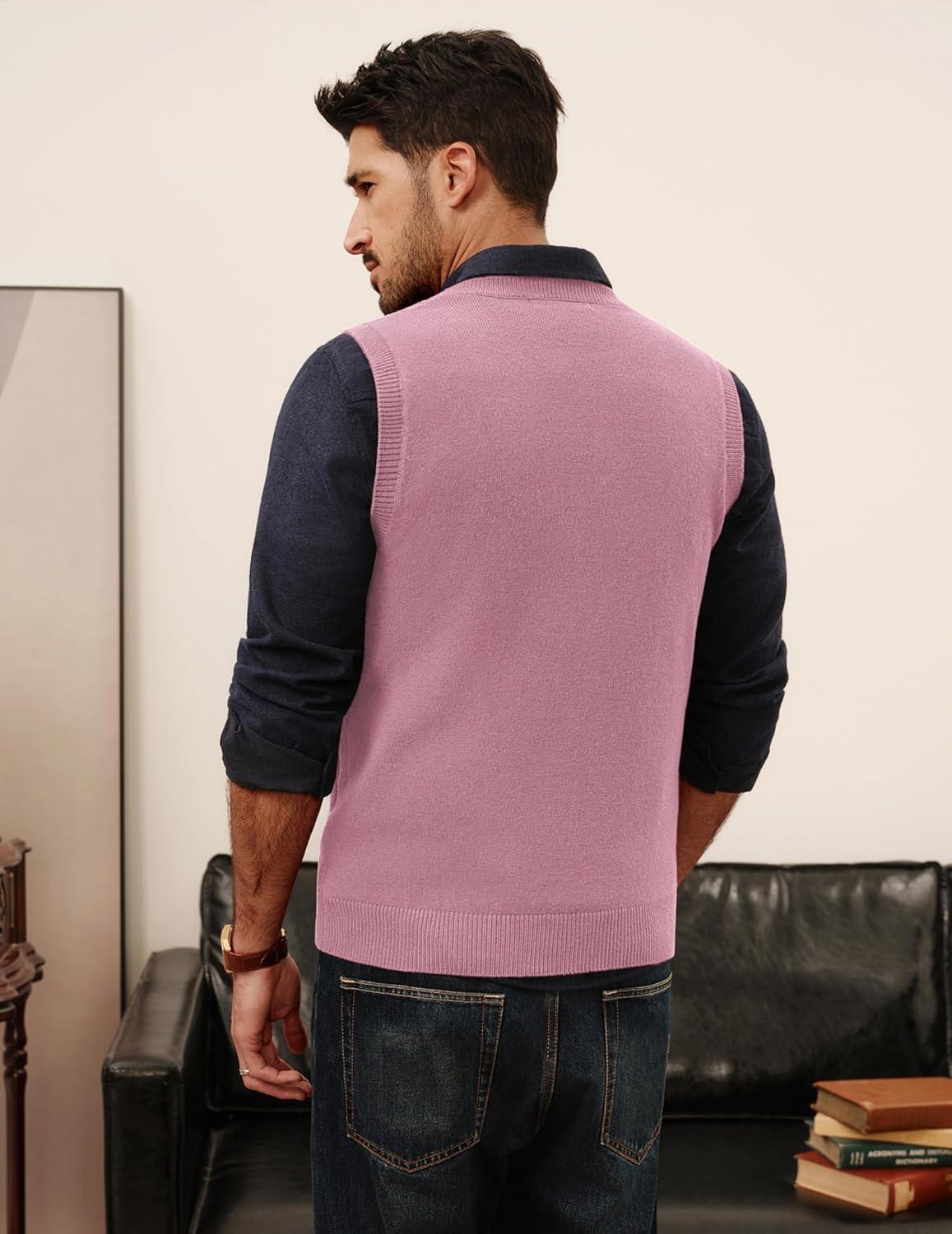 imagePJ PAUL JONES Mens Sweater Vests V Neck Cable Twist Knit Sleeveless Vests Casual Pullover SweaterPink
