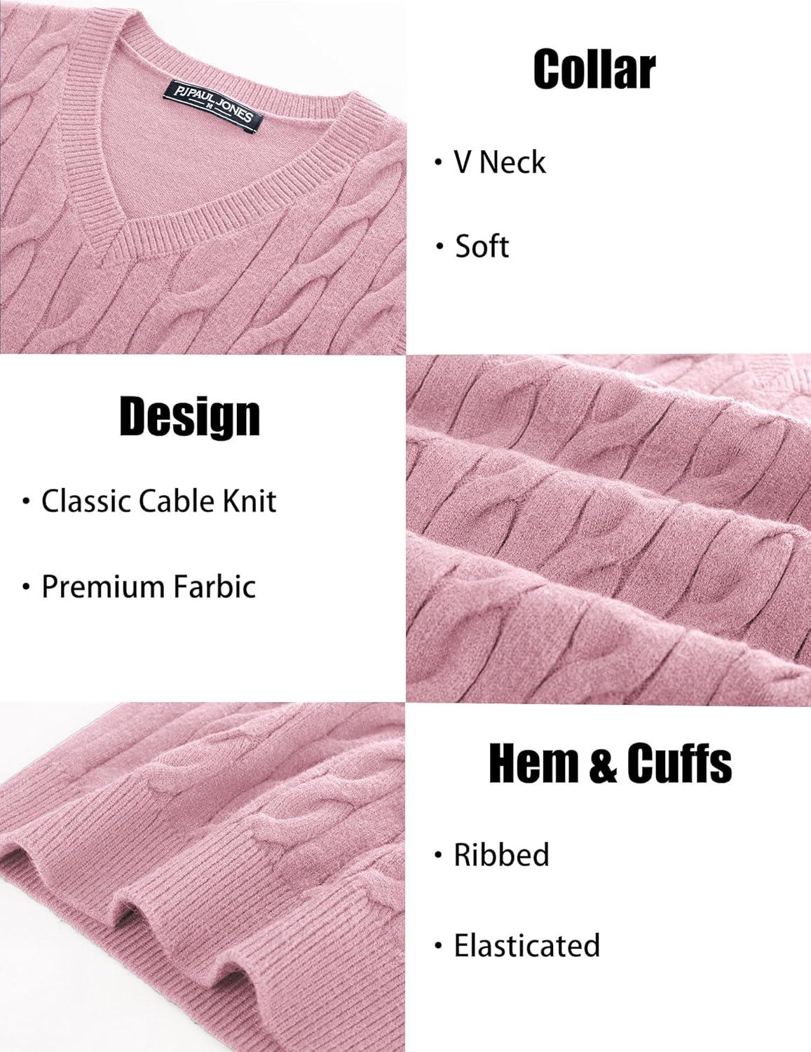 imagePJ PAUL JONES Mens Sweater Vests V Neck Cable Twist Knit Sleeveless Vests Casual Pullover SweaterPink