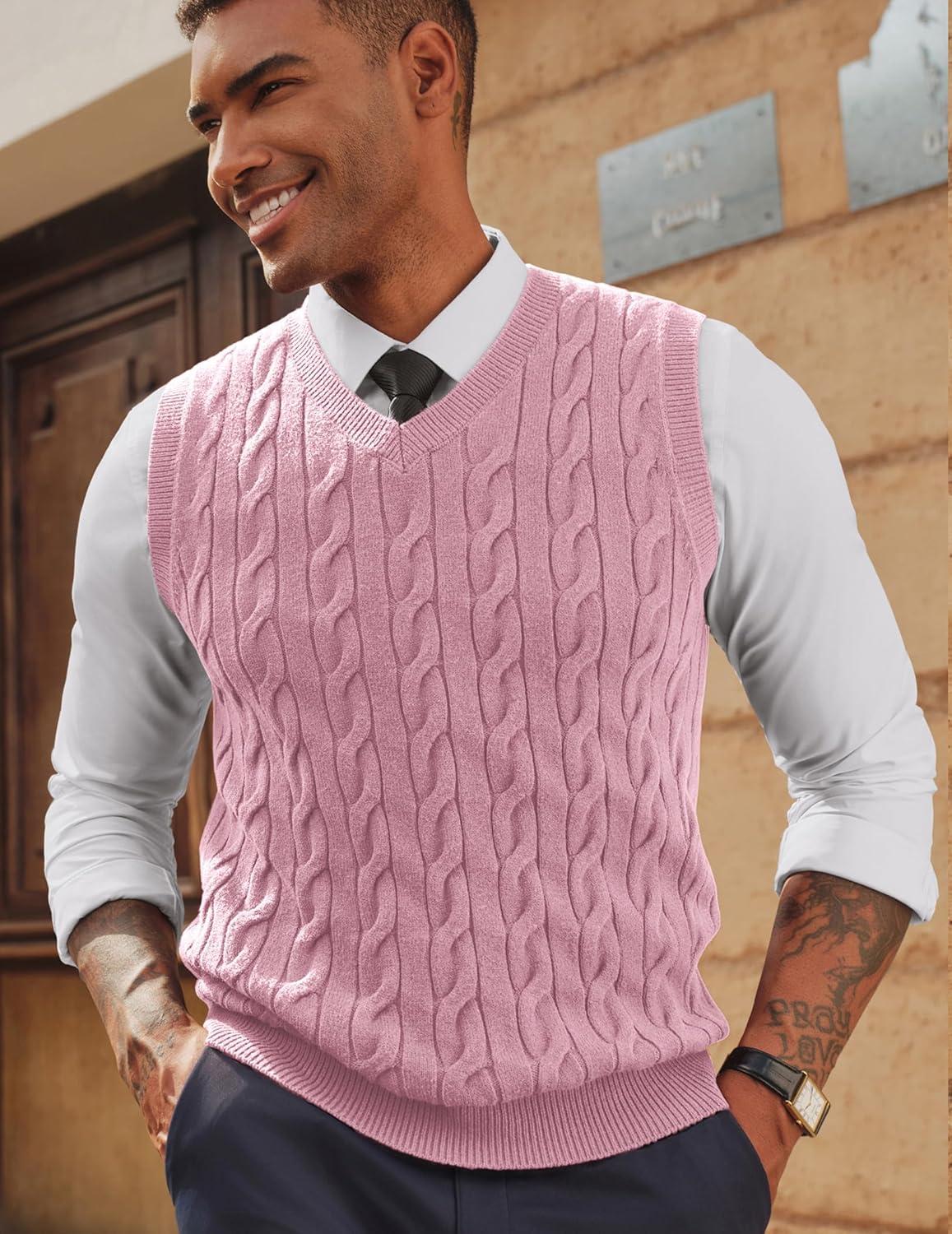 imagePJ PAUL JONES Mens Sweater Vests V Neck Cable Twist Knit Sleeveless Vests Casual Pullover SweaterPink