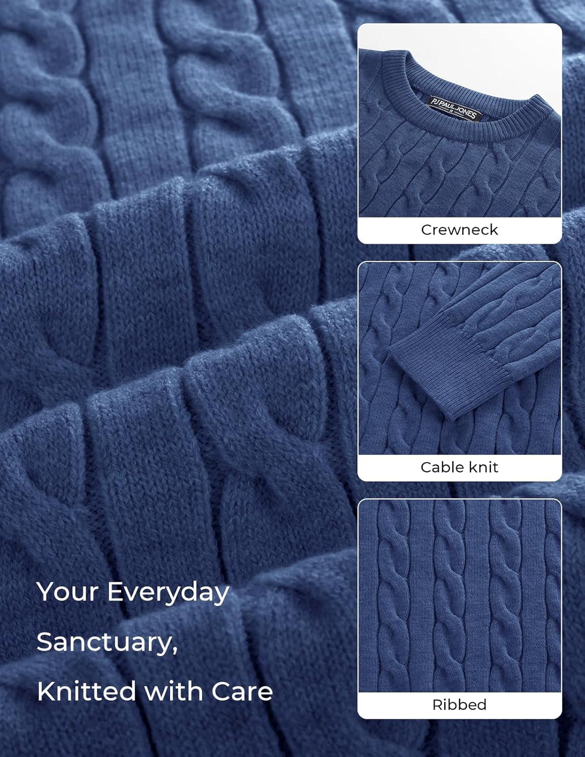 imagePJ PAUL JONES Mens Sweaters Casual Cable Knit Pullover Sweater Crewneck Twist SweatersDenim Blue