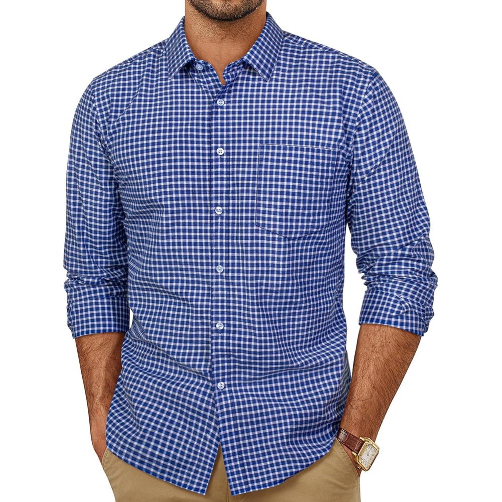 imagePJ PAUL JONES Mens Dress Shirts Cotton Long Sleeve Button Down Shirts Business Casual Plaid Tops with PocketBlue Gingham
