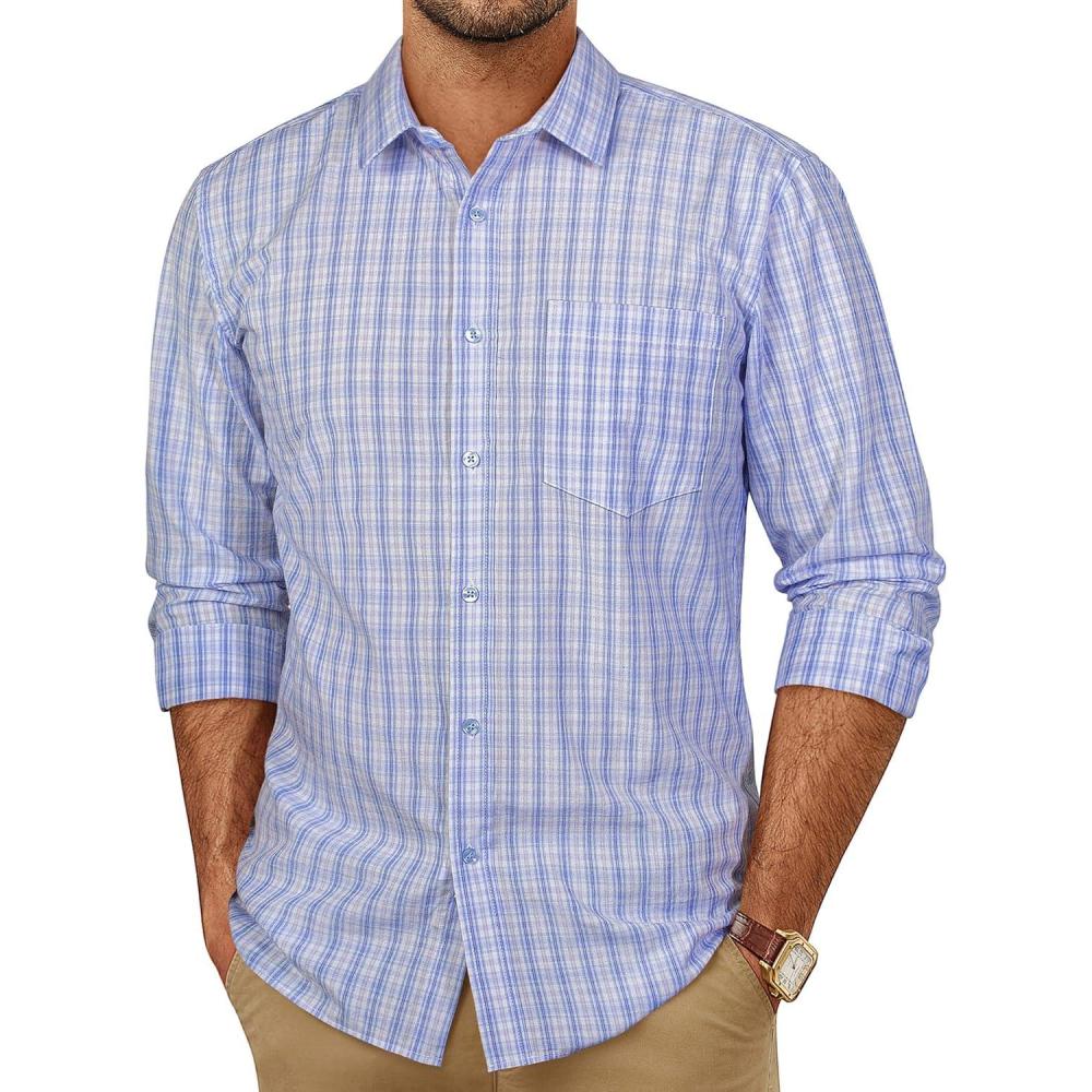 imagePJ PAUL JONES Mens Dress Shirts Cotton Long Sleeve Button Down Shirts Business Casual Plaid Tops with PocketBlue Purple Gingham