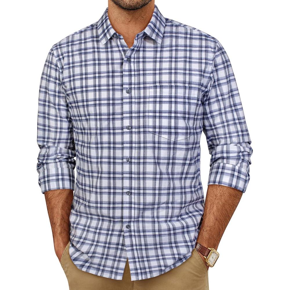 imagePJ PAUL JONES Mens Dress Shirts Cotton Long Sleeve Button Down Shirts Business Casual Plaid Tops with PocketBlue and Black Plaid