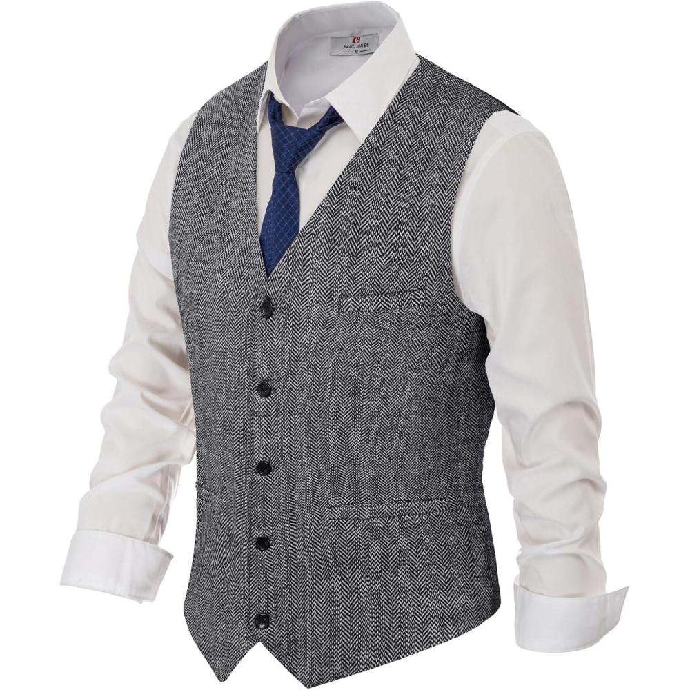 imagePJ PAUL JONES Mens Herringbone Tweed Suit Vest Casual Wool Blend WaistcoatBlack and White
