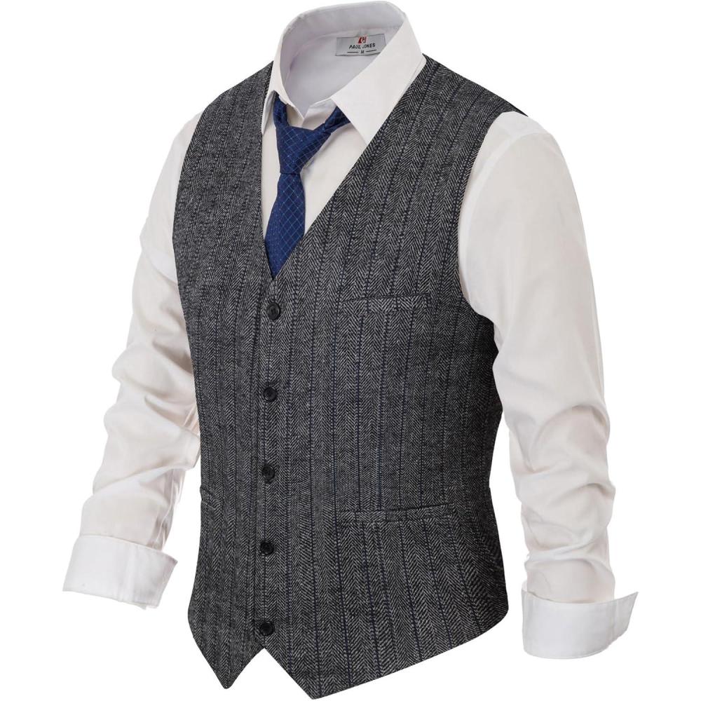 imagePJ PAUL JONES Mens Herringbone Tweed Suit Vest Casual Wool Blend WaistcoatBlue Stripes and Black and White