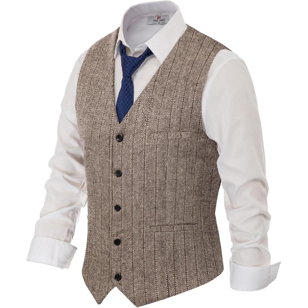 imagePJ PAUL JONES Mens Herringbone Tweed Suit Vest Casual Wool Blend WaistcoatCoffee Stripes Brown Herringbone