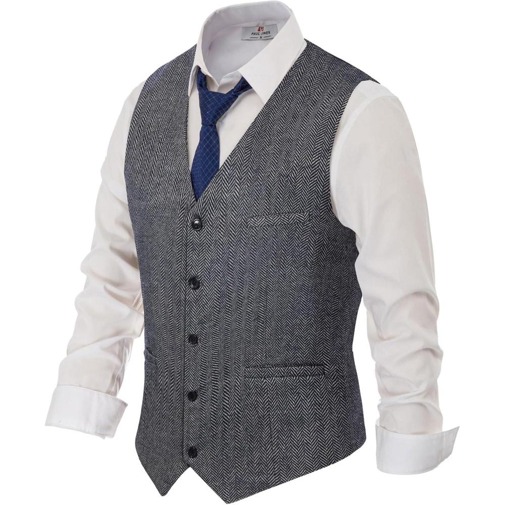 imagePJ PAUL JONES Mens Herringbone Tweed Suit Vest Casual Wool Blend WaistcoatDark Blue Herringbone