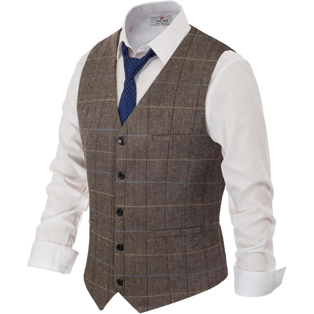 imagePJ PAUL JONES Mens Herringbone Tweed Suit Vest Casual Wool Blend WaistcoatDark Brown