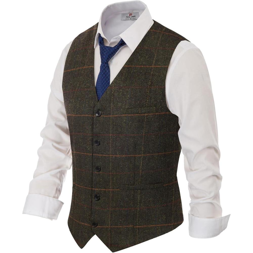 imagePJ PAUL JONES Mens Herringbone Tweed Suit Vest Casual Wool Blend WaistcoatYellowgreen Herringbone