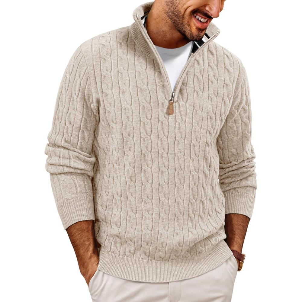 imagePJ PAUL JONES Mens Quarter Zip Sweater Cable Knitted Pullover Sweaters Textured Solid Colors SweaterApricot