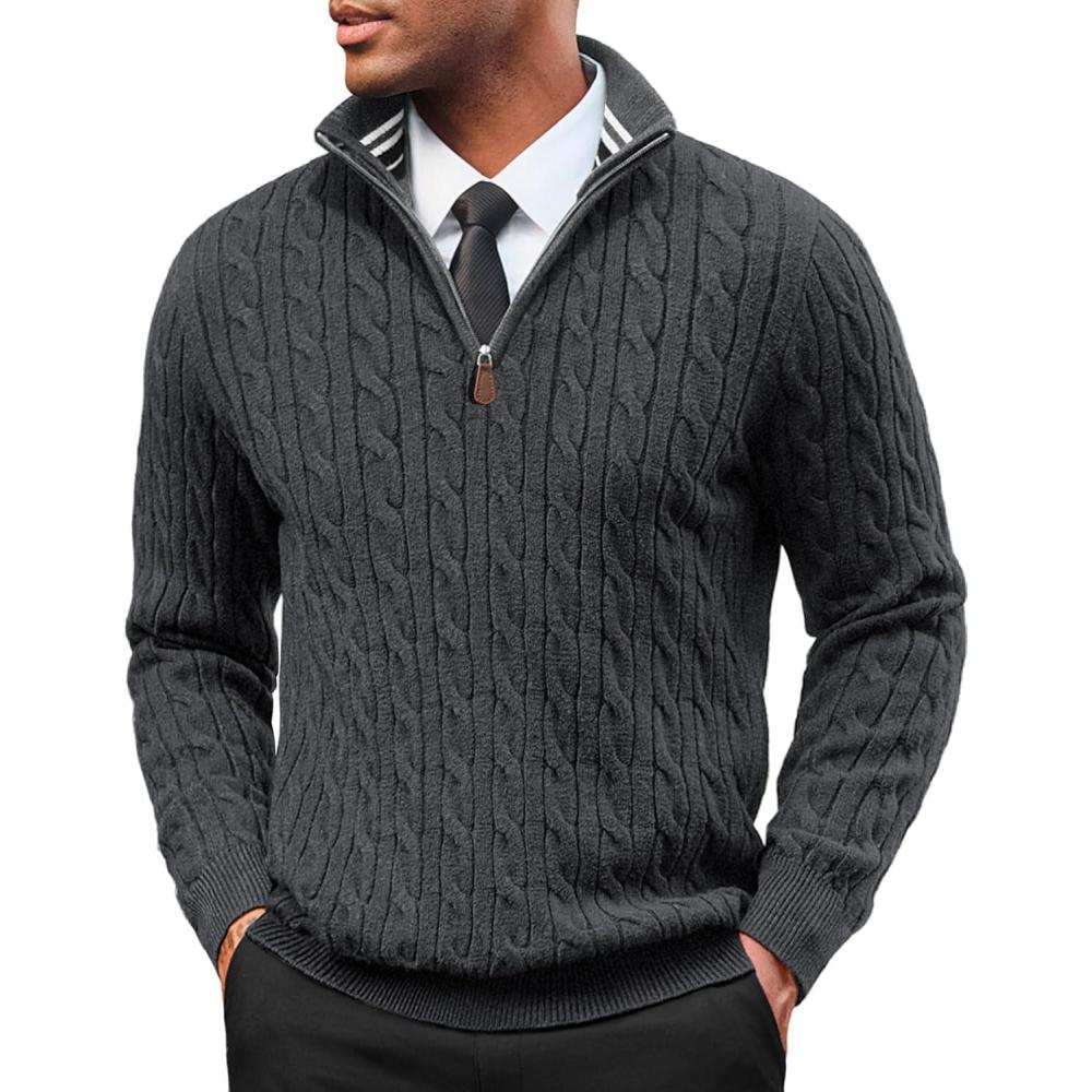 imagePJ PAUL JONES Mens Quarter Zip Sweater Cable Knitted Pullover Sweaters Textured Solid Colors SweaterDark Grey