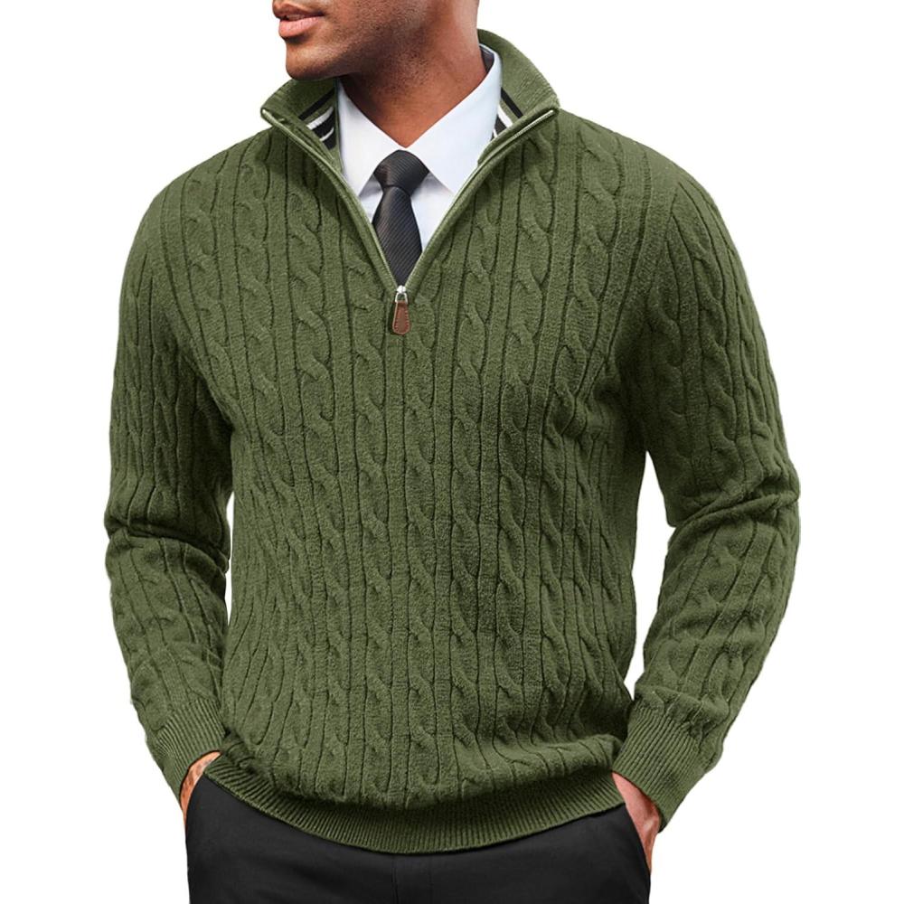 imagePJ PAUL JONES Mens Quarter Zip Sweater Cable Knitted Pullover Sweaters Textured Solid Colors SweaterGreen