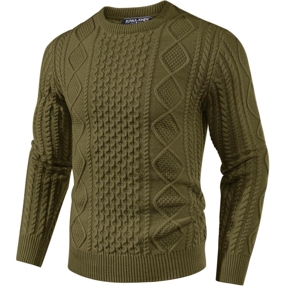 imagePJ PAUL JONES Mens Sweater Crewneck Cable Knit Pullover Sweater Casual Twist Textured SweatersOlive Green