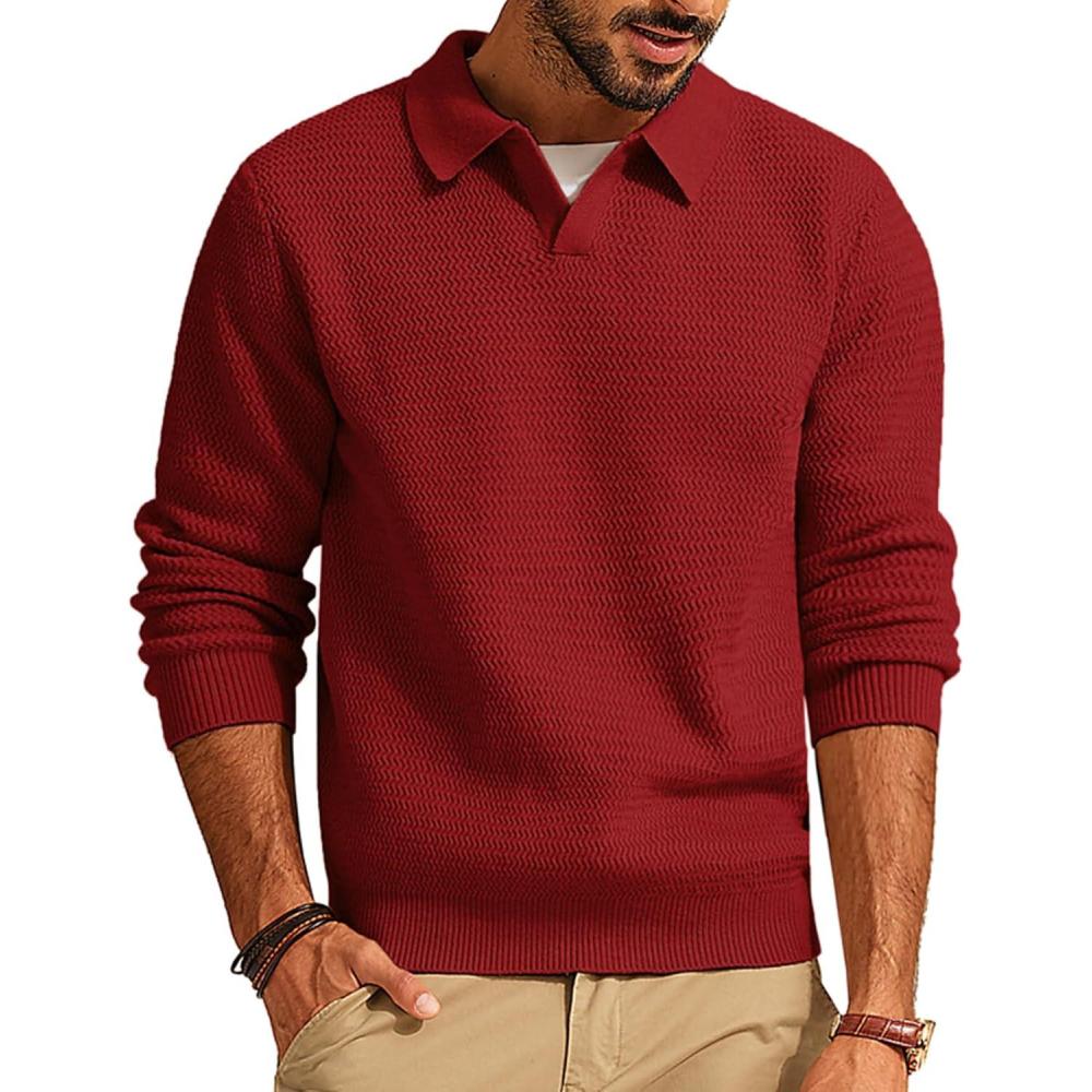 imagePJ PAUL JONES Mens Sweater V Neck Pullover Sweater Long Sleeve Cable Knit Textured SweaterRed