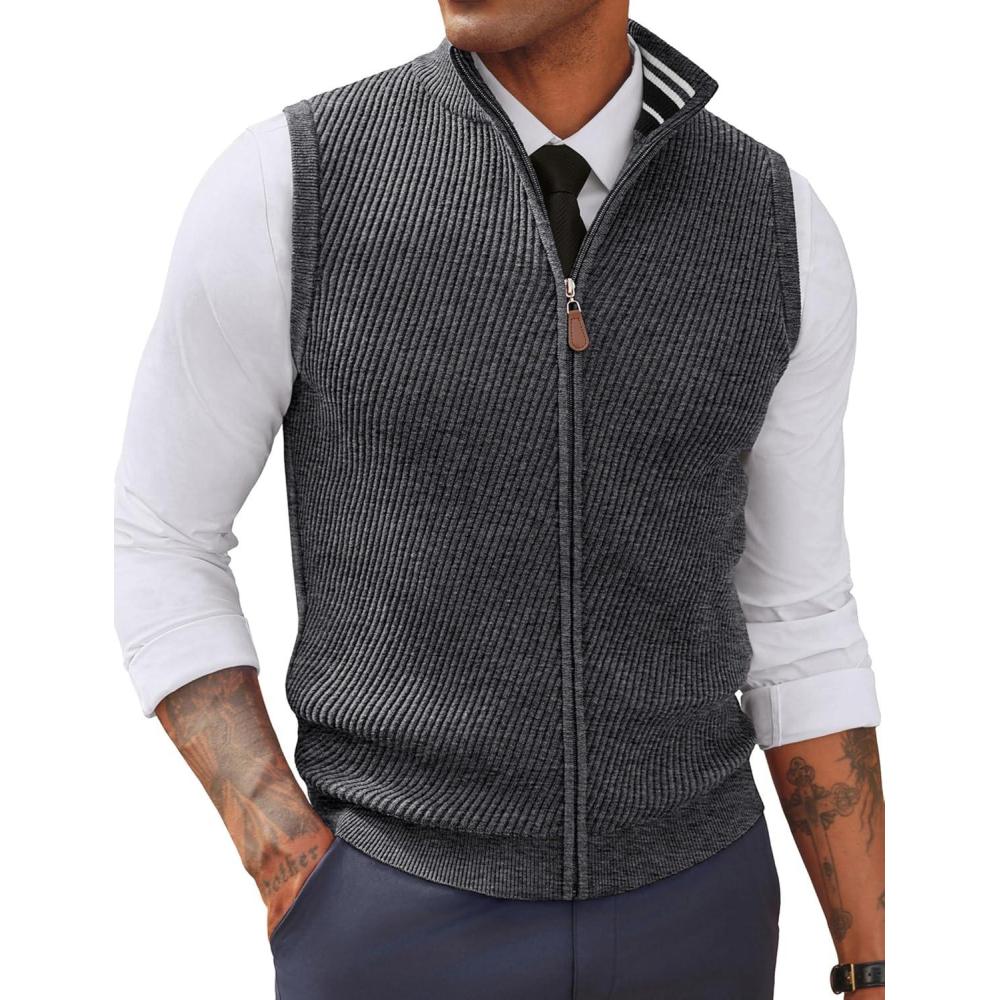 imagePJ PAUL JONES Mens Sweater Vests Slim Fit Twill Textured Full Zip Sleeveless Vests Casual OutwearBlue Gray