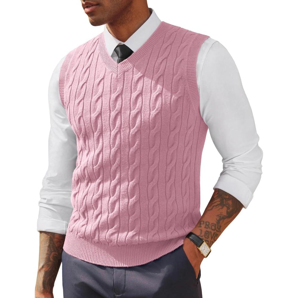 imagePJ PAUL JONES Mens Sweater Vests V Neck Cable Twist Knit Sleeveless Vests Casual Pullover SweaterPink