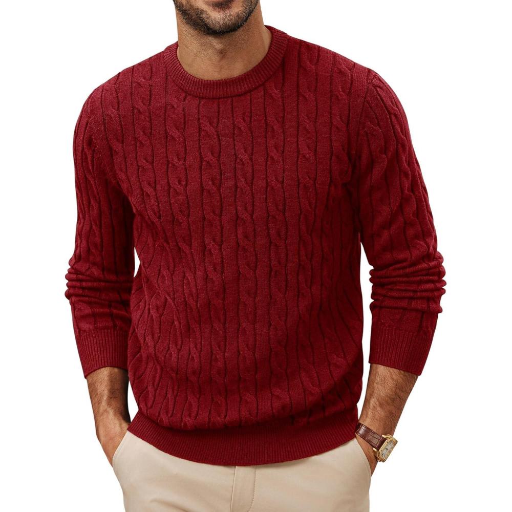 imagePJ PAUL JONES Mens Sweaters Casual Cable Knit Pullover Sweater Crewneck Twist SweatersBurgundy