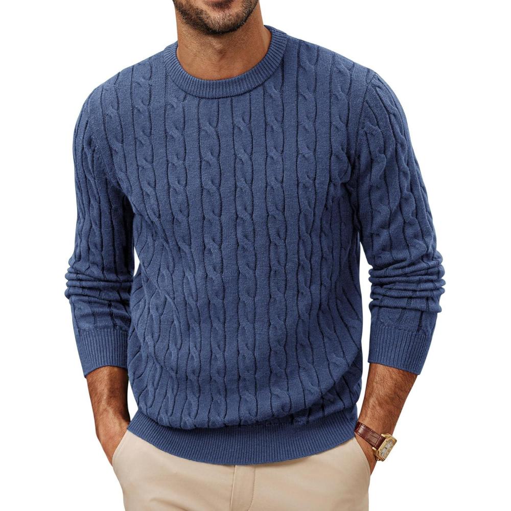 imagePJ PAUL JONES Mens Sweaters Casual Cable Knit Pullover Sweater Crewneck Twist SweatersDenim Blue