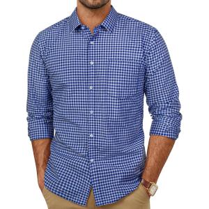 PJ PAUL JONES Mens Dress Shirts Cotton Long Sleeve Button Down Shirts Business Casual Plaid Tops with Pocket(Blue Gingham)