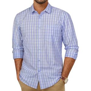 PJ PAUL JONES Mens Dress Shirts Cotton Long Sleeve Button Down Shirts Business Casual Plaid Tops with Pocket(Blue Purple Gingham)