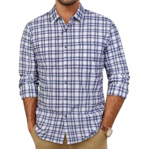 PJ PAUL JONES Mens Dress Shirts Cotton Long Sleeve Button Down Shirts Business Casual Plaid Tops with Pocket(Blue and Black Plaid)