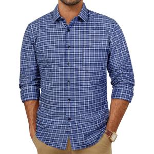 PJ PAUL JONES Mens Dress Shirts Cotton Long Sleeve Button Down Shirts Business Casual Plaid Tops with Pocket(Dark Blue Gingham)