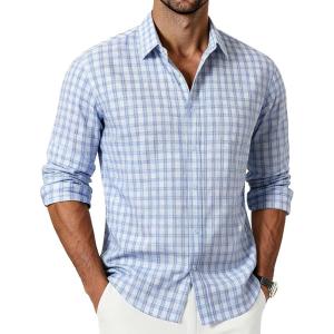 PJ PAUL JONES Mens Dress Shirts Cotton Long Sleeve Button Down Shirts Business Casual Plaid Tops with Pocket(Light Blue and White Checkered)