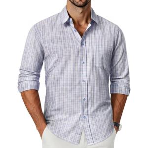 PJ PAUL JONES Mens Dress Shirts Cotton Long Sleeve Button Down Shirts Business Casual Plaid Tops with Pocket(Light Purple and White Checkered)