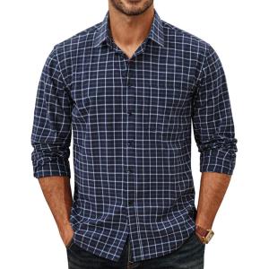 PJ PAUL JONES Mens Dress Shirts Cotton Long Sleeve Button Down Shirts Business Casual Plaid Tops with Pocket(Navy Gingham)