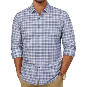 PJ PAUL JONES Mens Dress Shirts Cotton Long Sleeve Button Down Shirts Business Casual Plaid Tops with Pocket(White Navy Gingham)