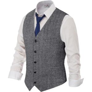PJ PAUL JONES Men’s Herringbone Tweed Suit Vest Casual Wool Blend Waistcoat(Black and White)