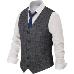 PJ PAUL JONES Men’s Herringbone Tweed Suit Vest Casual Wool Blend Waistcoat(Blue Stripes and Black and White)