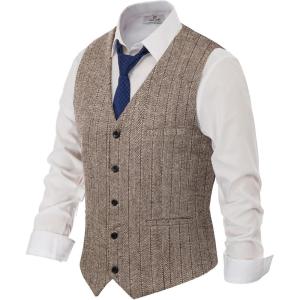 PJ PAUL JONES Men’s Herringbone Tweed Suit Vest Casual Wool Blend Waistcoat(Coffee Stripes Brown Herringbone)