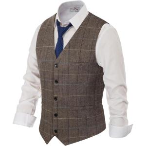 PJ PAUL JONES Men’s Herringbone Tweed Suit Vest Casual Wool Blend Waistcoat(Dark Brown)