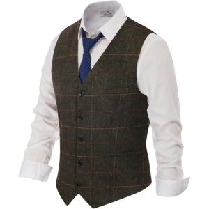 PJ PAUL JONES Men’s Herringbone Tweed Suit Vest Casual Wool Blend Waistcoat(Yellow-green Herringbone)