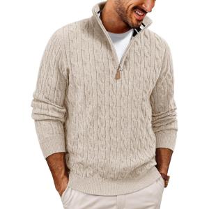PJ PAUL JONES Mens Quarter Zip Sweater Cable Knitted Pullover Sweaters Textured Solid Colors Sweater(Apricot)