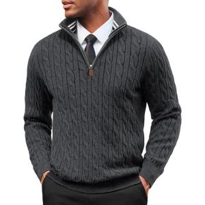 PJ PAUL JONES Mens Quarter Zip Sweater Cable Knitted Pullover Sweaters Textured Solid Colors Sweater(Dark Grey)