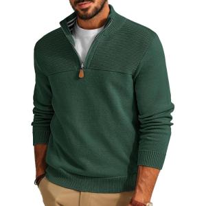 PJ PAUL JONES Men’s Quarter Zip Sweater Slim Fit Casual Pullover Sweater Mock Neck Polo Sweaters(Deep Green)