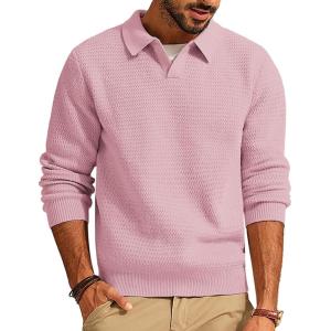 PJ PAUL JONES Mens Sweater V Neck Pullover Sweater Long Sleeve Cable Knit Textured Sweater(Pink)