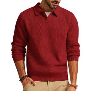 PJ PAUL JONES Mens Sweater V Neck Pullover Sweater Long Sleeve Cable Knit Textured Sweater(Red)