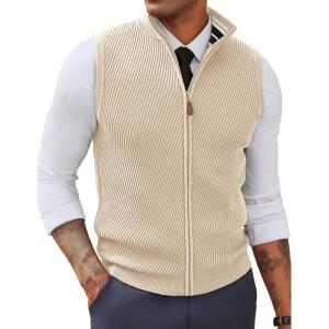 PJ PAUL JONES Men’s Sweater Vests Slim Fit Twill Textured Full Zip Sleeveless Vests Casual Outwear(Apricot)