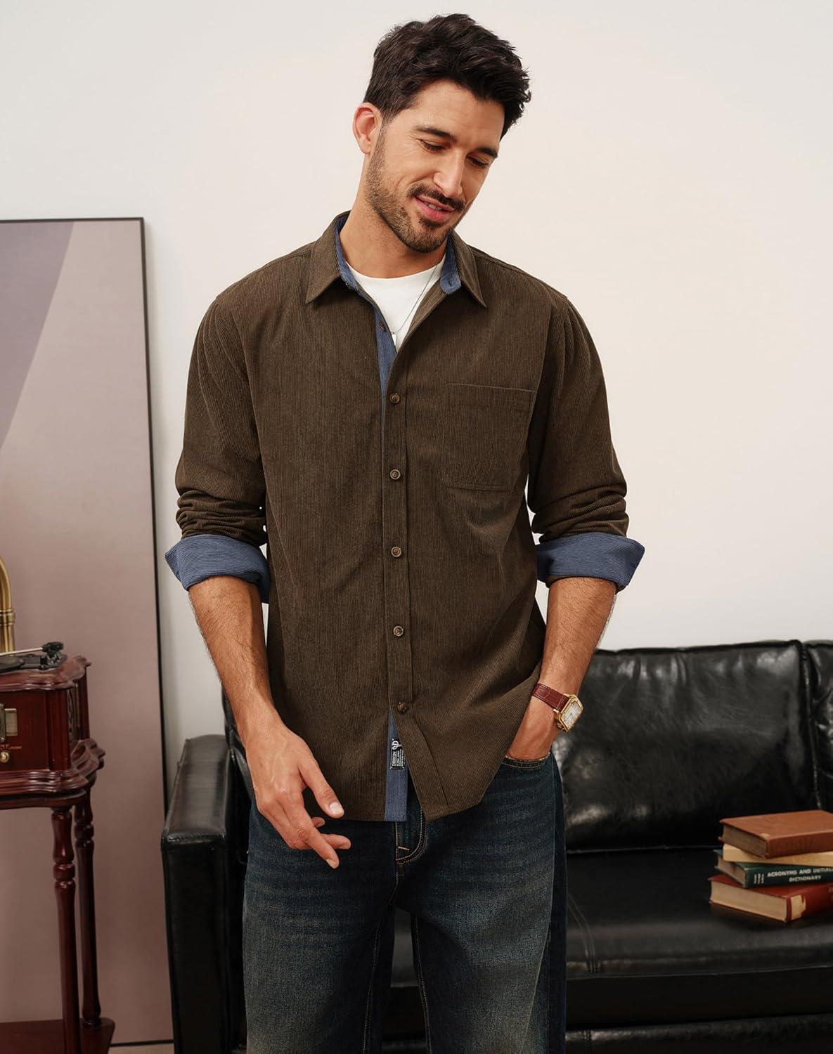 imagePJ PAUL JONES Mens Corduroy Button Down Shirt Long Sleeve Casual Collared Wrinkle Free Untucked Shirts with PocketCoffee
