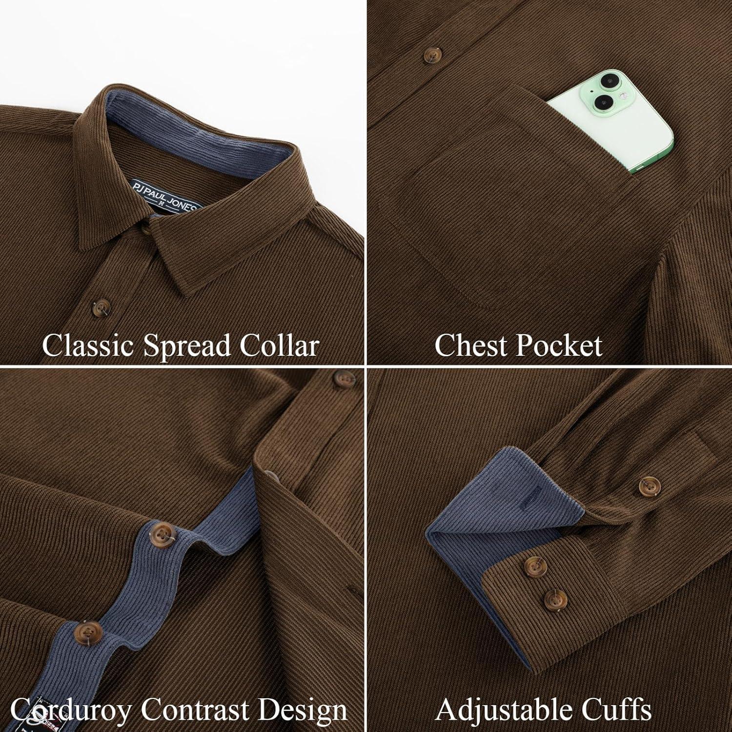 imagePJ PAUL JONES Mens Corduroy Button Down Shirt Long Sleeve Casual Collared Wrinkle Free Untucked Shirts with PocketCoffee
