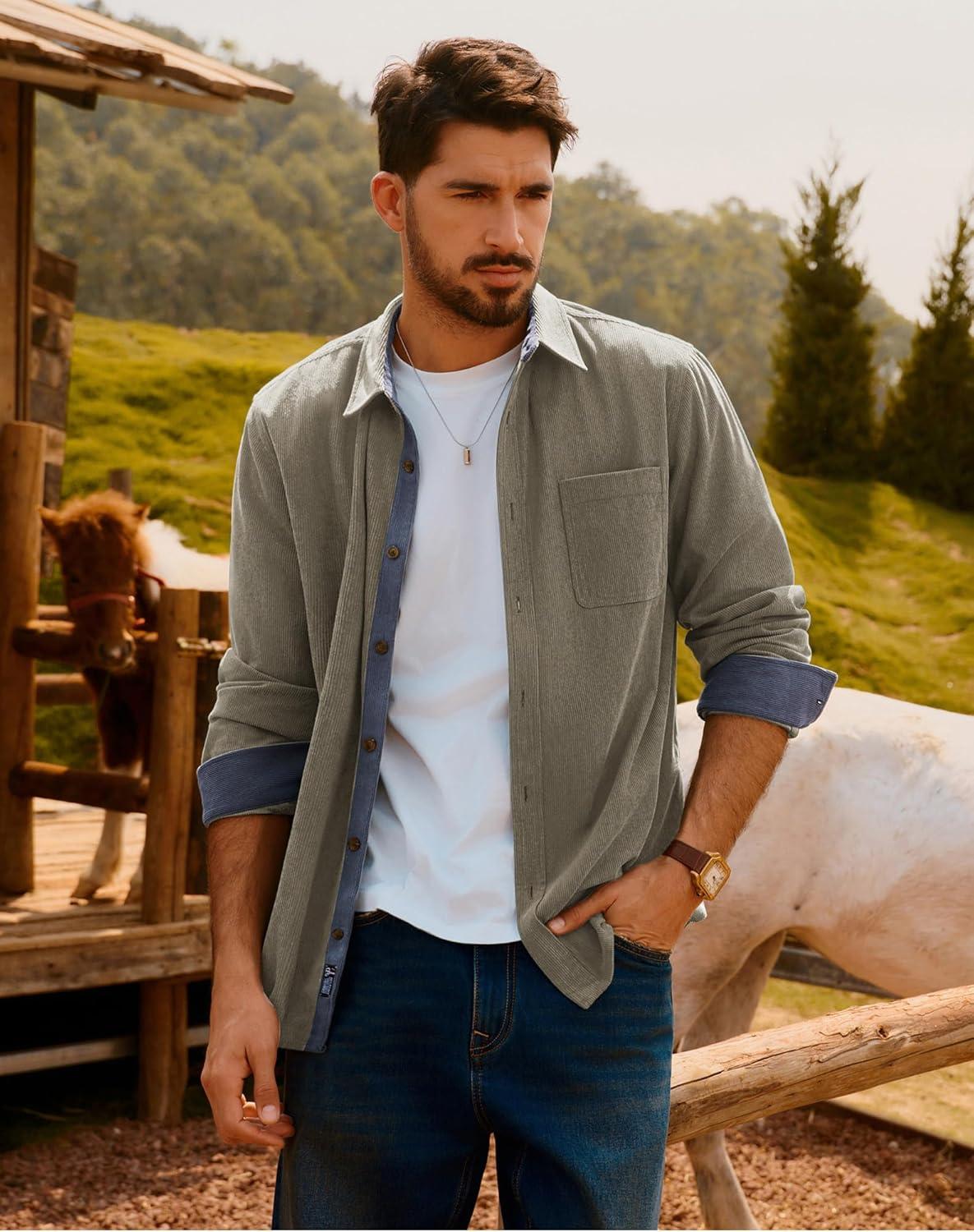 imagePJ PAUL JONES Mens Corduroy Button Down Shirt Long Sleeve Casual Collared Wrinkle Free Untucked Shirts with PocketGrey Khaki