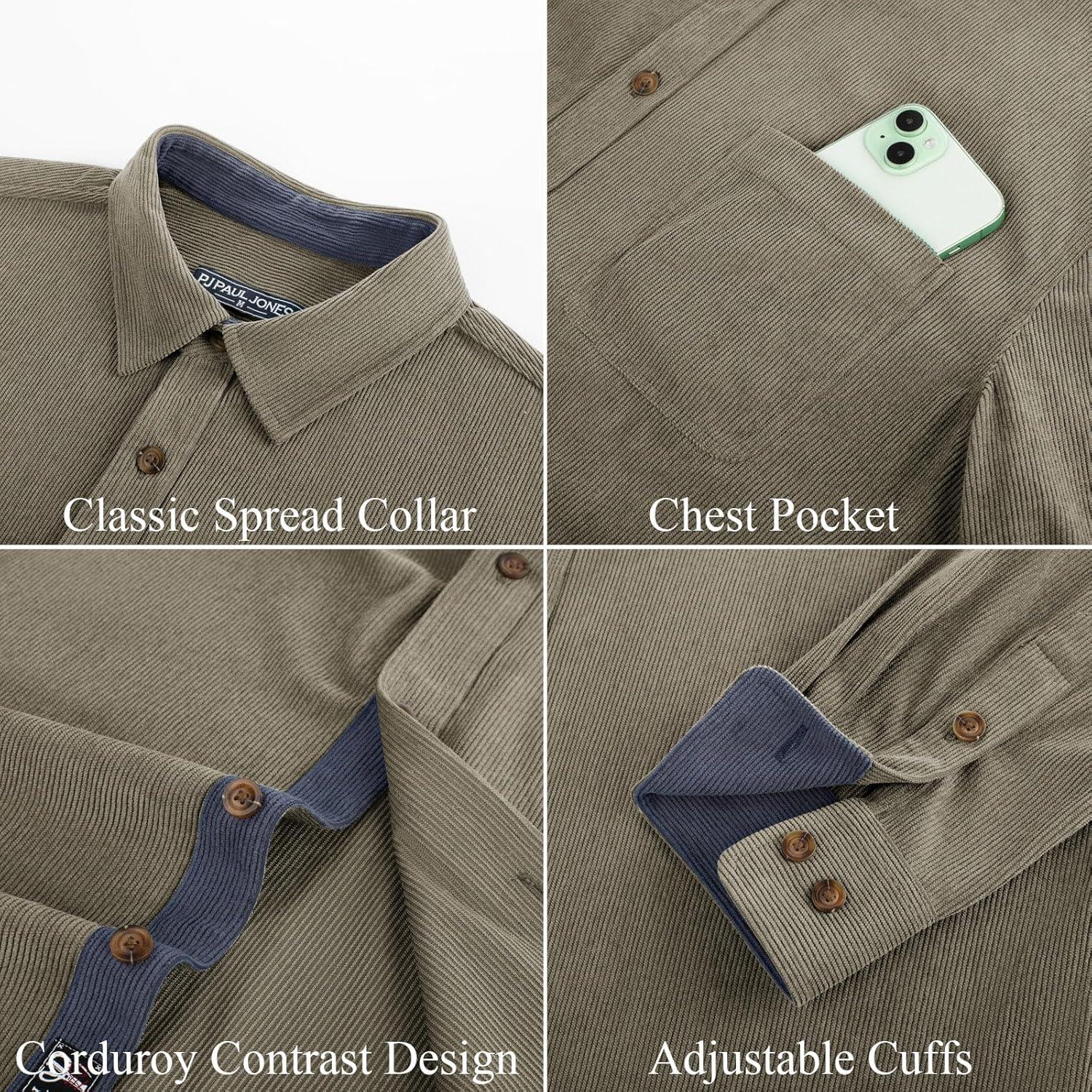 imagePJ PAUL JONES Mens Corduroy Button Down Shirt Long Sleeve Casual Collared Wrinkle Free Untucked Shirts with PocketGrey Khaki